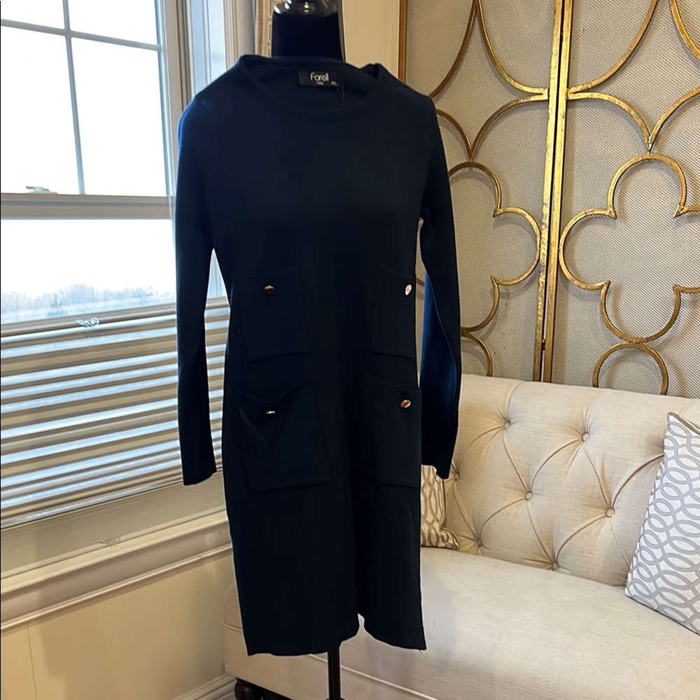 Ecru Blue Sheath Dress Long Sleeve Crew Neck